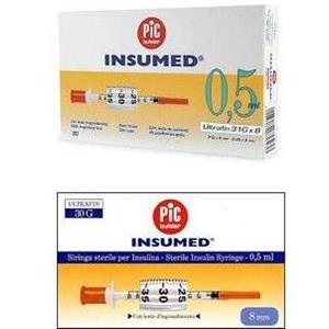 Pic Insumed Siringa Insulina 0,5 ml G30 8 mm - Confezione da 30 Pezzi, Sterile e Monouso