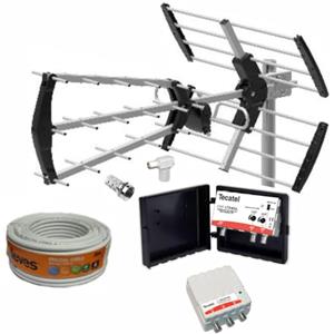 TECNOVOZ Kit antenna TV Tecatel + amplificatore antenna TV 30 dB 2UHF + alimentatore 2 uscite + connettori + 20 m di cavo TELEVES