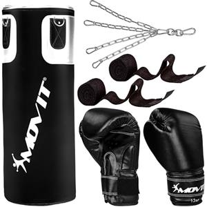 MOVIT Set Sacco da Boxe - 25kg, in PVC, Riempito, Altezza Sacco 80cm, Guantoni da Boxe, Bende, per Adulto, Nero o Bianco - Kit Pugilato, Allenamento Arti Marziali, Kick Boxing, MMA, Fitness