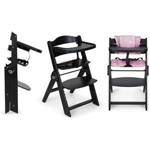 Ms BabyWorld Seggiolone PIEGHEVOLE Full per bambini in legno, completamente pieghevole, evolutivo, seggiolone, ergonomico, regolabile, sicuro, (Nero/Rosa)