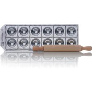 RISOLI' | RAVIOLCASA, Stampo per Ravioli per Realizzare 12 Ravioli, in Alluminio Pressofuso Riciclato, Incluso Mattarello in Legno, Made in Italy