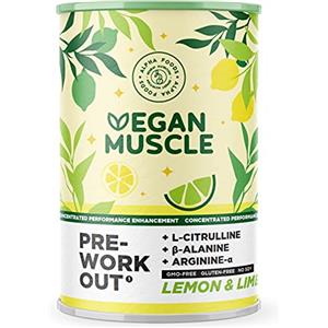 Alpha Foods Vegan Muscle® | Pre Workout Performance Booster | Integratore preworkout energetico Vegano con L- Citrullina, Arginina e Creatina | Gusto Limone e Lime | 300 g proteine in polvere | Alpha Foods