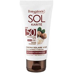 Bottega Verde, SOL Karite - Crema solare viso - nutriente antimacchie - con burro di Karite - protezione alta SPF50 (50 ml)- water resistant - pelli normali o secche