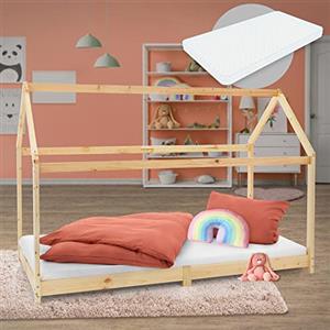 ML DESIGN modern living ML-Design Letto a Casetta per Bambini 90 x 200 cm Naturale, in Legno di Pino, con Tetto e Rete a Doghe, Lettino a Terra Singolo Stile Montessori con Materasso da 16 cm in Schiuma Fredda per Cameretta
