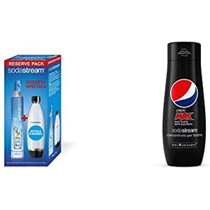 SodaStream Cilindro Ricarica Gas CO2 in Licenza d'Uso per Gasatore + Bottiglia in PET Fuse da 1 Litro per Gasatore & Concentrato per la preparazione di bevande dissetanti gassate gusto Pepsi Max. 440m