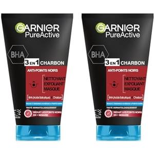 Garnier Maschera Punti Neri, Detergente e Scrub Viso Pure Active Intense 3 in 1 con Carbone Vegetale, 150 ml (Confezione da 2)