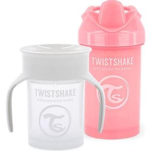 Twistshake Tazze Senza Fuoriuscita Per Bambini - Set Di 2 | 1x Tazza Da 360 + 1x Tazza Con Manico |Senza BPA| Per L'allenamento e L'apprendimento | Bianco Rosa
