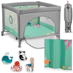 LIONELO Box per bambini e Lettino da Viaggio MILLE 2 in 1, 100 x 100 cm, Fino a 15 kg / 0 a 36 mesi, con Materasso 3D, Ingresso laterale con chiusura lampo, Ruote con freno, Facile da piegare