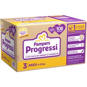 Pampers Progressi Midi 3 (4-9 kg) - 108 Pannolini con Cuore Assorbente e Indicatore di Bagnato