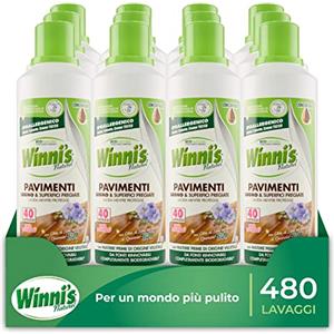 Winni's - Detersivo Pavimenti Ipoallergenico Parquet, Legno e Superfici Pregiate, 480 Lavaggi, senza Risciacquo, Formula Concentrata con Materie Prime di Origine Vegetale e Bio, 1 L x 12 Confezioni