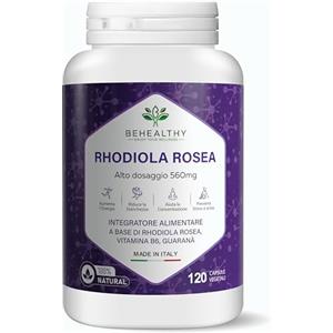 BEHEALTHY Rodiola Rosea Forte | Riduce Stanchezza, Ansia e Stress | Buon Umore e Concentrazione | Integratore con Rhodiola Rosae, Guaranà e Vitamina B6 | 120 Capsule Vegane