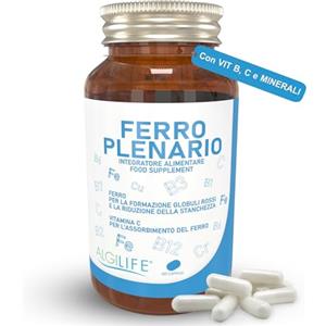 ALGILIFE Integratore Ferro e Vitamina C, Vitamine B, Minerali, Rame, Cromo (100 Capsule) ALGILIFE Ferro Plenario - Ferro Integratore Forte, Integratore Pressione Bassa, Globuli Rossi, Stanchezza e Spossatezza