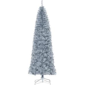 HOMCOM Albero di Natale Artificiale Innevato Alto 210cm con 818 Rami, Albero di Natale Slim con Base Rimovibile, in PET e Acciaio, Argento