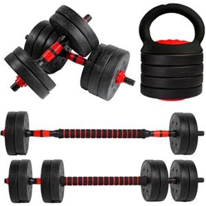 unycos - Manubri Regolabili con Dischi 15 kg【E-Book con 50 Esercizi】Coppia di Pesi, Barra di Collegamento per Allenamento, Kettlebell e Supporto per Flessioni, Palestra in Casa (Red Transformer)
