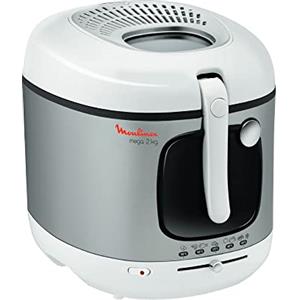 Moulinex Friggitrice elettrica, serbatoio da 3 litri, rivestimento antiaderente, termostato, timer, indicatore luminoso, setaccio filtrante brevettato, filtro a carbone, Mega AM480070, bianco/argento