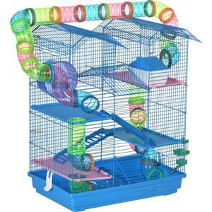 PawHut Gabbia per Criceti e Roditori a 5 Piani con Tubi Colorati e Accessori Inclusi per Gioco e Riposo Blu 47x30x59cm|Aosom