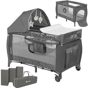 LIONELO Lettino da Viaggio SVEN con Materasso, Dalla nascita fino a 36 mesi, Lettino pieghevole con Fasciatoio, Baldacchino, Giocattoli Pendenti Ingresso laterale aggiuntivo LockGuard, Route con frene