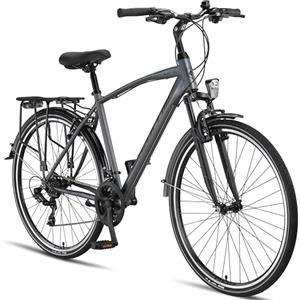 Licorne Bike - Bici da trekking, 28 pollici, per ragazzi, ragazze, donne e uomini, cambio a 21 marce - Life M-V, Bambina, grigio/nero, 28 inches
