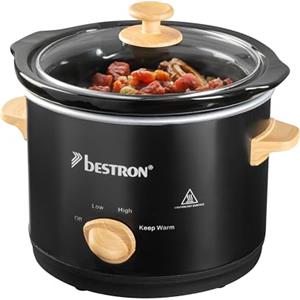 Bestron Slowcooker per 2 persone, con padella in ceramica e coperchio in vetro, termostato a 3 livelli, ideale per molti piatti come carne, zuppe e verdure, 1,5 litri, nero e legno, colore: nero/legno