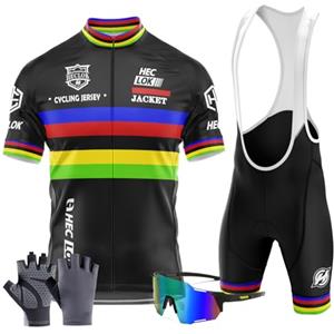 HECLOK Abbigliamento Tuta Ciclismo Uomo Estate - Completo Manica Corta + Pantaloncini 9D Gel Imbottito Con Bretelle MTB + Guanti, Occhiali (TYP-2,L)