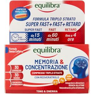 Equilibra, Memoria e Concentrazione, 30 Compresse Triplo-Strato, con Ferro, Zinco, Ashwagandha, Bacopa e Resveratrolo, Integratore Multivitamine e Minerali, Rilascio Graduale, Senza Caffeina