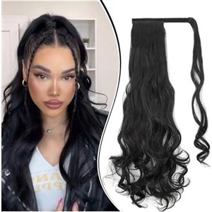 Dcbaboo Coda Capelli Extension Ricci 60cm Coda Finta Capelli Sintetici Posticci per Capelli Ondulati Extension Coda Capelli Finti Clip Coda di Cavallo Mossi Lunghi Wrap Around Ponytail, Jet Nero