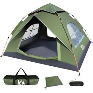 JONRRYIN Tenda da Campeggio, Impermeabile Ultraleggera Tenda Campeggio Tenda Pop Up 2-4 Posti con 2 Porte a Rete, 4 Finestre a Rete, Tenda Campeggio per Esterni, Spiaggia, Trekking (Verde)