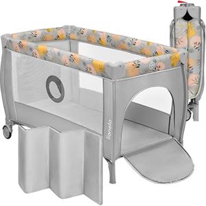 LIONELO Lettino da Viaggio STEFI PLUS Pieghevole, con materasso, 2 Liveli, Lettino da campeggio per bambini 0-3 anni 129 x 71 x 77cm Lettino neonato con Pareti in rete Entrata laterale Route e Borsa