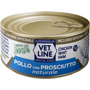 Vetline Cibo Umido per Gatti Pollo e Prosciutto Naturale 70g - Alimento Complementare in Sfilaccetti con Erbe Officinali