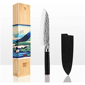 KOTAI | Coltello da chef Santoku | Coltello professionale da cucina | Lama da 18 cm | Affilato a mano | Acciaio inossidabile giapponese 440C | Manico in legno di Pakka | Codolo completamente nascosto