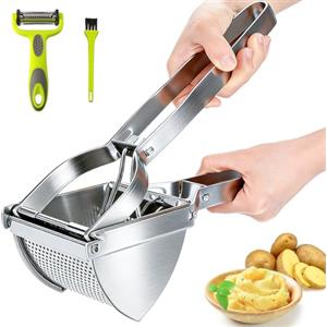 HOTLIKE Schiacciapatate Acciaio, 3 PCS Potato Ricer Set, Schiaccia Patate in Acciaio Inox con Spazzola, Pelapatate, Pressa Professionale per Purè di Patate, Frutta, Verdure