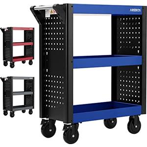 Arebos Carrello di Servizio a 3 Scomparti | Porta Attrezzi per Officina | Trasporto e Stoccaggio | Ripiani Multifunzionale | Multiuso | Blu/Nero