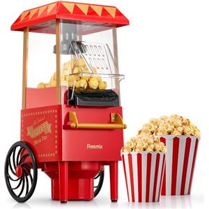 Reemix Macchina popcorn, Reemix 1200W Retrò Popcorn Maker, Senza olio, Popcorn fresco fatto in casa in meno di 3 minuti, Utilizza aria calda, Coperchio staccabile, Feste, Serate cinematografiche, Rosso