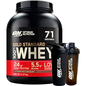 Optimum Nutrition Gold Standard 100% Whey Proteine in Polvere con Proteine Isolate e Aminoacidi per Massa Muscolare Cioccolato al Latte 2,27kg 71 Porzioni + SHAKER + REFORCE STEEL SHAKER