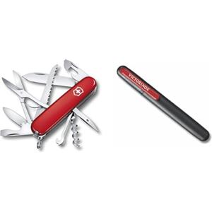 Victorinox, Huntsman, coltellino svizzero (15 funzioni, forbici, seghetto per legno, cavatappi) colore rosso & affilatrice doppia, legno, nero/rosso, misura unica