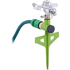 Relaxdays Irrigatore ad Impulsi, Picchetto, Spruzzatore per Prati, 360°,14 m, Sprinkler in Metallo, Argento Verde Chiaro