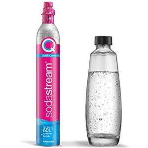 SodaStream Gasatore di Acqua Potabile Confezione di riserva QC con 1 Cilindro Quick Connect CO2 (resa: 60L) e 1 x Bottiglia di Vetro da 1,0 l, Rosa, 27.5x16x44