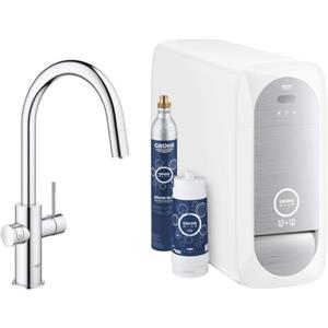 GROHE Blue Home Starter Kit con Rubinetto Filtro Acqua, Bocca C, Doccetta Estraibile, Acqua Filtrata Refrigerata e Frizzante, WiFi, Cromo, 31541000