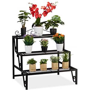 Relaxdays Fioriera a Scala, 3 Livelli, per Esterni e Interni, Scaletta Portafiori con Decorazioni, HLP 69x70x60 cm, Nera