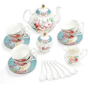fanquare Servizio da Tè in Porcellana con Fiori Colorati in 15 Pezzi, Set di Tazze e Piattini in Ceramica per 6 Persone, Set di Teiere Vintage per Donne in Festa