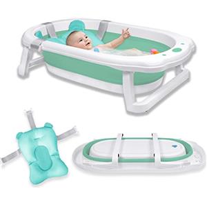 Froadp 82x50x20cm Vasca da Bagno Pieghevole per Bambini, Vaschette Bagnetto Neonato Antiscivolo con Suporto, Bacino Doccia di Sicurezza Portatile per Neonati e Bambino 0-8 anni (Verde con Cuscino)