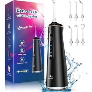 DADA-TECH Idropulsore Dentale Portatile, Water Flosser Irrigatore Dentale Professionale con 4 Modalità & 8 Livelli Regolabili 7 Ugelli e Serbatoio da 300ML Idrogetto Orale per Pulizia Denti (Nero)