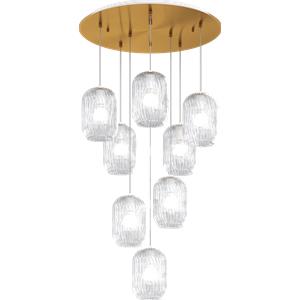 TopLight Sospensione Contemporanea 8 Luci in Ottone Satinato e Vetro Trasparente