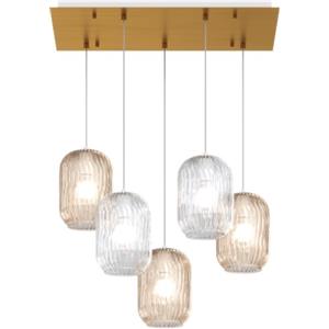 TopLight Sospensione 5 Luci Rettangolare in Ottone Satinato con Vetro Trasparente e Ambra