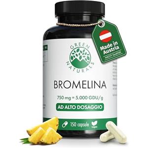 Green Naturals® Bromelina ad alto dosaggio - 750 mg da estratto naturale di ananas (5.000 GDU/g) - Capsule gastroresistenti DR Caps - Vegane & testate in laboratorio - 150 capsule (5 mesi)