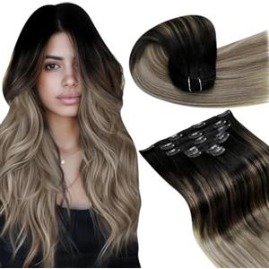 LaaVoo Extension Capelli Veri Clip Nero Naturale a Marrone Chiaro con Biondo Scuro Balayage Extension Clip Capelli Veri Lisci Estensioni Dei Capelli Umani Reali 5pcs 80g 30cm #1b/8/22