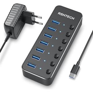 RSHTECH Hub USB 3.0 Alimentazione RSHTECH USB C a 7 porte USB 3.0 SuperSpeed Port Distributore Dati Hub con 5 V/2 A Alimentazione e Interruttori Singoli per Laptop e PC Powered USB Hub, RSH-518C
