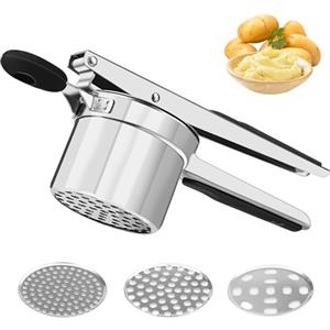 Hisdricus Schiacciapatate, schiacciapatate acciaio inox, schiaccia patate con 3 dischi e manici in silicone antiscivolo, adatta per purè di patate, pasta, succo e gelato
