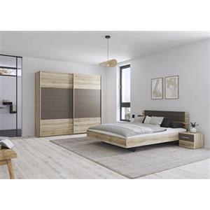 Rauch Möbel Barcelona - Camera da letto in rovere Sanremo chiaro/grigio lava, composto da letto con superficie di appoggio 160 x 200 cm, con 2 comodini e armadietto con ante sospese, 226 x 210 x 62 cm