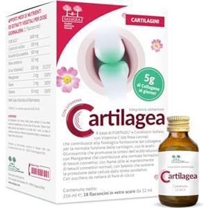Salugea CARTILAGEA Salugea - Integratore 100% Naturale per il Benessere delle Cartilagini - con Collagene idrolizzato, Glucosamina, Condroitina, Rosa Canina (Vit. C), Manganese, Rame e Selenio - 18 flaconcini